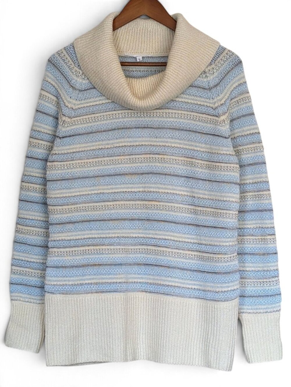 Cleo Cowl Neck Striped Lurex Sweater Shimmer Winter L NWT